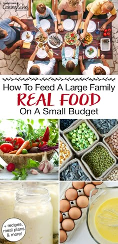 how to feed a large family real food on a small budget with pictures and text overlay