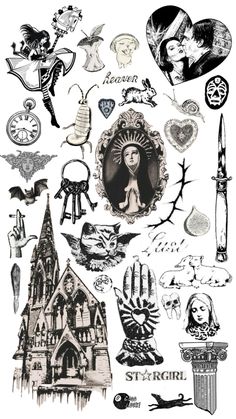 an assortment of stickers on a white background with black and white images in the middle