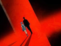 the shadow of a man and a woman walking down a red carpeted area with shadows on it