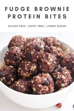 chocolate energy bites in a bowl with text overlay that reads how to make healthy fudge brownie protein bites