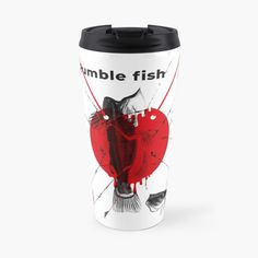 a travel mug with the words bumble fish on it and an image of a heart