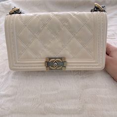 Bag Is In Good Condition. Some Marks Around Edges. No Box/No Dustbag. Comes With Authenticity Card And Original Price Tag. Retail 4,700 Plus Tax High-end White Box Bag For Gifts, High-end Cream Shoulder Bag For Evening, High-end Cream Travel Bag, Luxury Beige Square Bags, High-end White Flap Bag For Daily Use, Luxury White Top Handle Evening Bag, High-end White Flap Bag For Evening, High-end Beige Bag For Gift, High-end Beige Rectangular Flap Bag