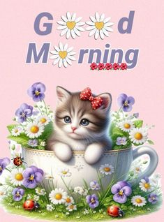 a kitten is sitting in a teacup with daisies and daisies around it