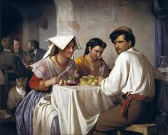 a painting of three people sitting at a table with food and drinks in front of them