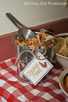 a bowl of food on a table with a sign that says the cozy old farmhouse