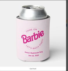 a pink can cooler with the word barbie on it