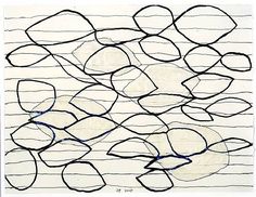 an abstract drawing with lines and shapes in blue, black, and white on paper