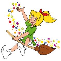 a girl flying on a broom with stars in the background