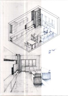 two drawings of a living room and kitchen