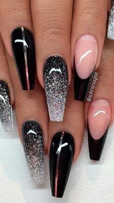 Best Ombre Nails, Nails In Pink, Black Ombre Nails, Black And White Nail Designs, Black And White Nails, Silver Glitter Nails, Gold Glitter Nails