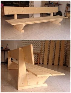 two pictures of a bench made out of plywood