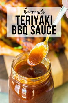 homemade teriyaki bbq sauce in a mason jar with a spoon sticking out