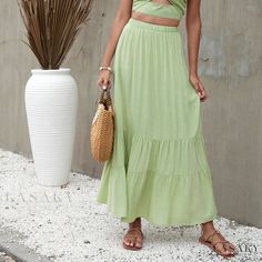 Lasaky - Solid Color Beach Wrap Skirt with Ruffle Hem Pink Skirt Long, Ruffle Long Skirt, Rok Midi, Elegant Midi Skirt, Beach Wrap Skirt, Long Tiered Skirt, White Pleated Skirt, High Waisted Maxi Skirt, Pleated Long Skirt