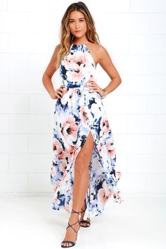 At Long Last Peach and Blue Floral Print Maxi Dressat Lulus.com! Floral Dress Summer, Trendy Dresses, Printed Maxi Dress, Guest Dresses, Wedding Guest, Blue Floral, Cute Dresses