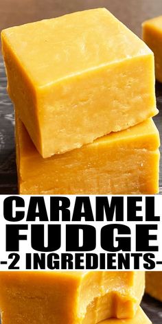 several pieces of caramel fudge are stacked on top of each other with text overlay