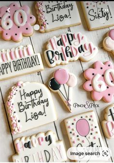 decorated birthday cookies with happy birthday messages on the top and bottom one is pink, white, and black