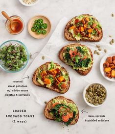 the ingredients for an avocado toast laid out on top of a white table