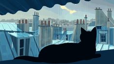 a black cat sitting on top of a roof looking out at the cityscape