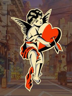 an illustration of a cupid holding a heart in the middle of a city street