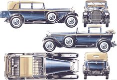 four different views of an old model car