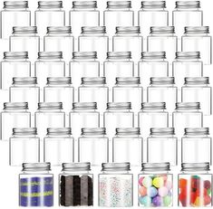 a large set of glass jars filled with candy