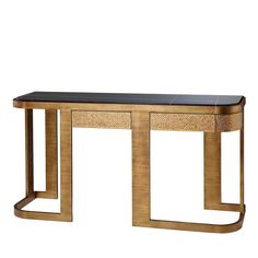 a console table with black marble top