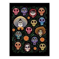 the day of the dead skull art print is displayed on a black background with flowers and skulls