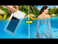 a woman in blue swimsuit next to a pool with an electronic device on it