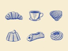 different types of pastries are shown in blue ink on a beige background, including coffee and croissants