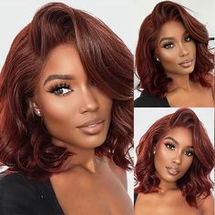 Auburn brown body wave bob wig on mannequin with pre-plucked hairline and baby hairs, shown from multiple angles. Includes middle part and detailed lace frontal. Brown Bob Hair, Human Hair Bob Wigs, Auburn Color, Hair Care Oil, Hair Bob, Colored Wigs, Body Wave Hair