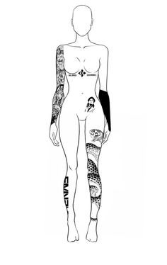 a drawing of a woman with tattoos on her arms and leg, in black and white