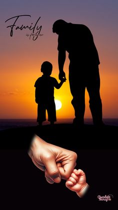 two people holding hands with the sun setting in the background and an image of a person holding