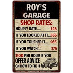 a sign that says, michael's garage shop rate