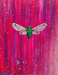 a painting of a green insect on pink background