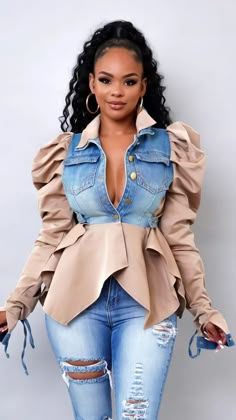 Denim Peplum Jacket, Dressy Denim Outfits Women, Women’s Jean Jacket Outfit, Off White Womens Outfit, Cute Outfits With Bodysuits, Denim Fashion 2023, Classy Feminine Outfits Summer, Blue Casual Outfits For Women, Spring Looks For Women 2023