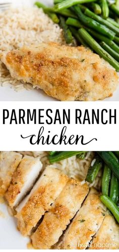 parmesan ranch chicken with green beans and rice on a white plate in the foreground