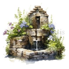 an artistic watercolor painting of a garden fountain with flowers and greenery around it