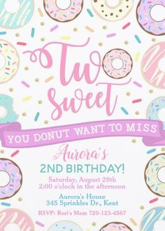 a birthday party card with donuts and sprinkles on it's white background