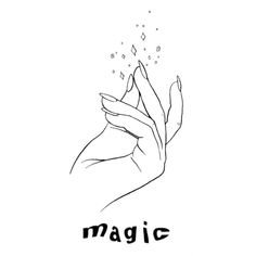 the word magic written in black ink on a white background with an image of a hand holding