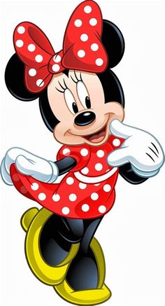 minnie mouse with red and white polka dots on it's head, standing in the air