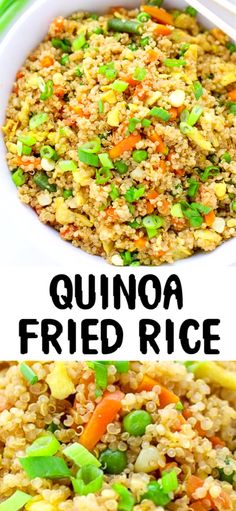 quinoa fried rice in a white bowl with green onions and carrots