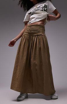 Add some boho charm to your look with this lightweight, cotton-rich maxi skirt featuring ruching at the waist that leads to a flowy silhouette. 36 1/2" center front length (size 8) Hidden side-zip closure Unlined 48% viscose, 31% cotton, 21% nylon Machine wash, line dry Imported Summer Maxi Skirt With Gathered Detail, Spring Maxi Skirt With Gathered Waist, Summer Voluminous Wide-leg Maxi Skirt, Flowy Maxi Skirt With Gathered Waist For Summer, Spring Relaxed Maxi Skirt With Gathered Waist, Spring Maxi Skirt With Elastic Waistband, Flowy Wide Leg Maxi Skirt For Spring, Summer Maxi Skirt With Gathered Waist, Flowy Wide-leg Maxi Skirt For Day Out