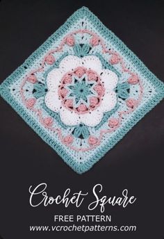 the crochet square is made up of pink, white and blue yarn