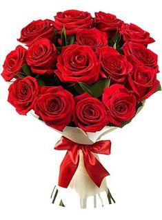 a bouquet of red roses in a white vase