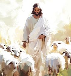 a painting of jesus standing in front of a herd of sheep with his hands on his hips