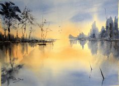 a watercolor painting of a lake with trees and birds flying over it at sunset