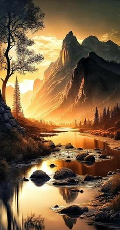 a painting of mountains and water at sunset