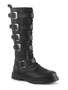 Good Basic. Side Zipper. BOLT-425 20 eyelet buckled combat boots Knee High Combat Boots, Steampunk Men, Alternative Shoes, Clothing Tips, Demonia Shoes, Festival Shoes, Punk Boots, Pleaser Shoes, Art Clothing