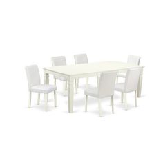 a white dining table with six chairs and one chair on the other side, in front of a white background