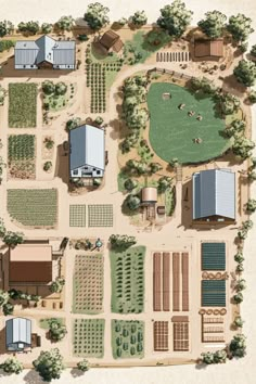 Illustrated farm layout with houses, barns, and vegetable plots. A pond with a fence is at the top right. Trees border the rustic landscape. One Acre Homestead Layout, Food Forest Garden, Self Sufficient Homestead, Modern Homestead, Homesteading Diy